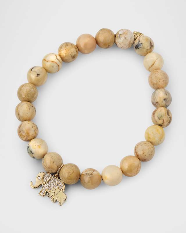 African Opal Bead Bracelet with Pavé Elephant Family Charm